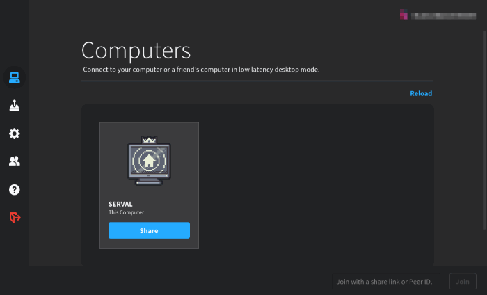 Интерфейс Parsec: список доступных устройств и подключений