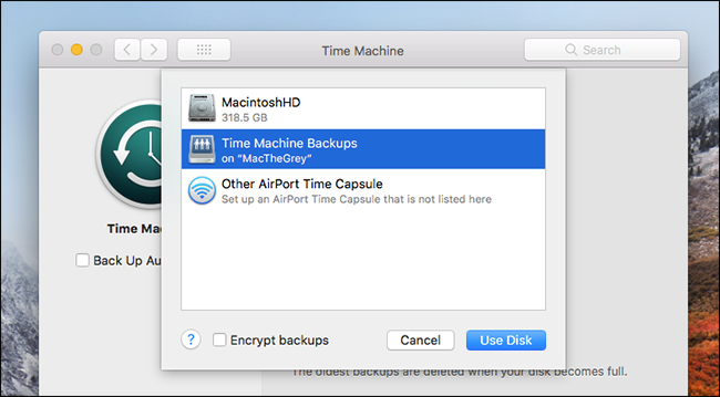 Изображение выбора сетевого диска для резервного копирования в Time Machine