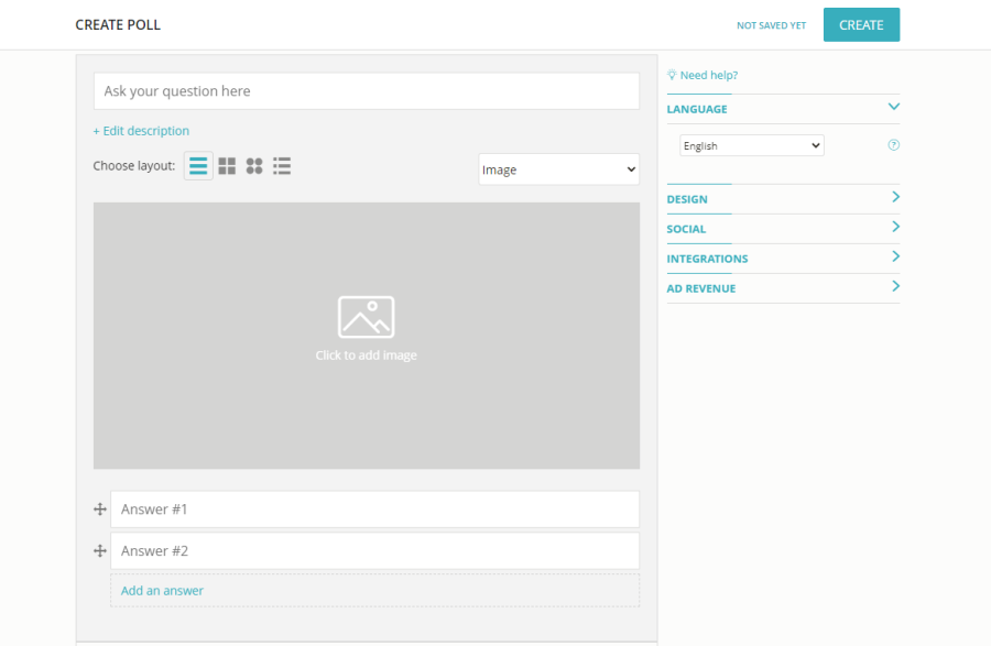 Панель создания опроса в Opinion Stage с полями вопроса, вариантов и изображением