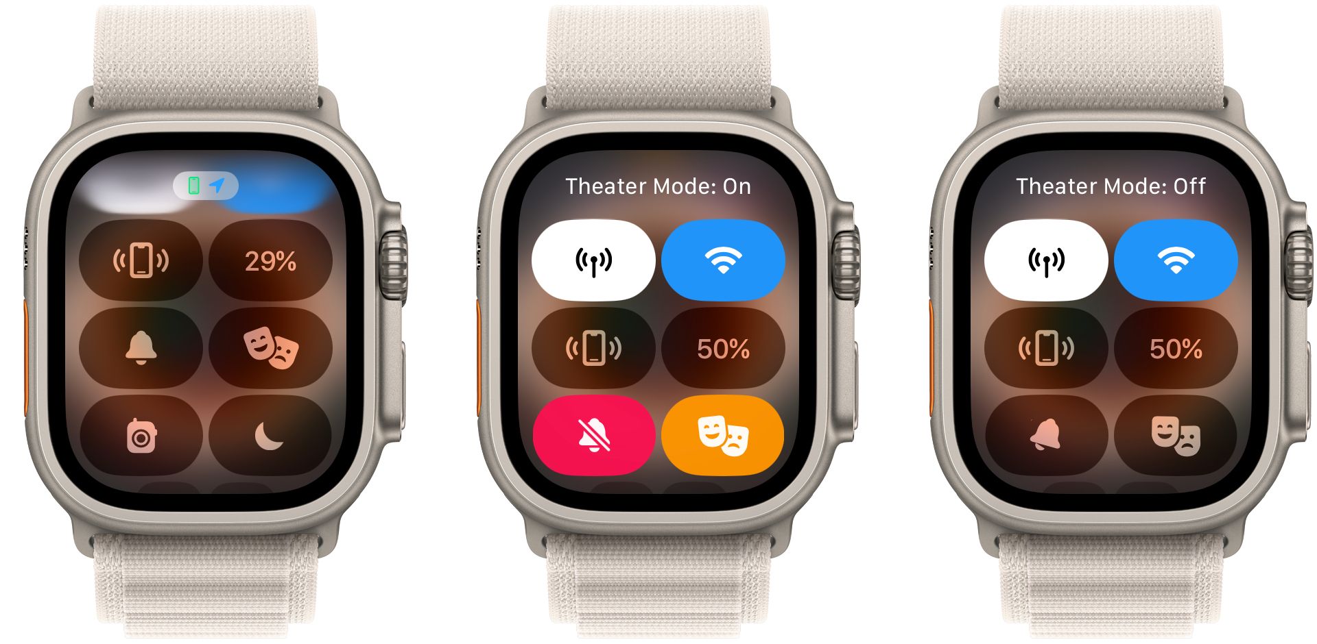 Значок режима «Театр» в Пункте управления Apple Watch