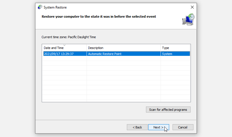 Использование точки восстановления Windows