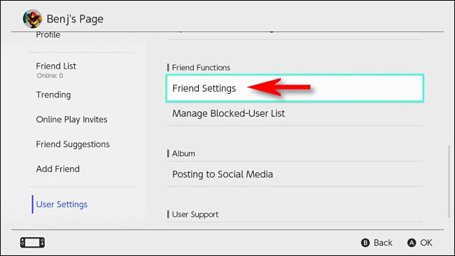 Меню Friend Settings с пунктом Display online status to.