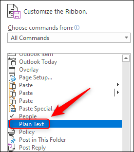 Команда 'Обычный текст' в списке команд