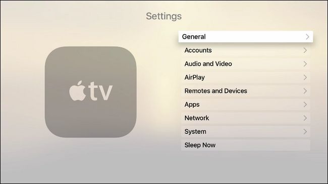 Изображение: выбор пункта «Настройки» на главном экране Apple TV