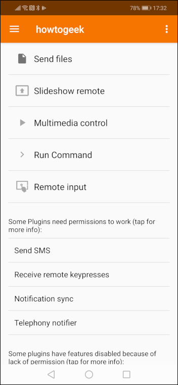 Главное меню KDE Connect с плагинами