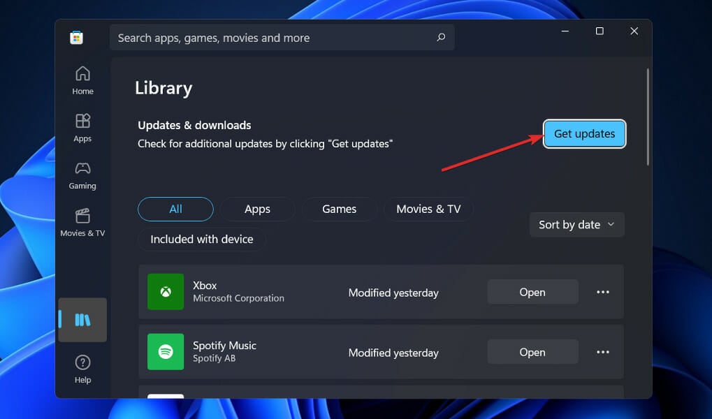 Кнопка «Получить обновления» в Microsoft Store
