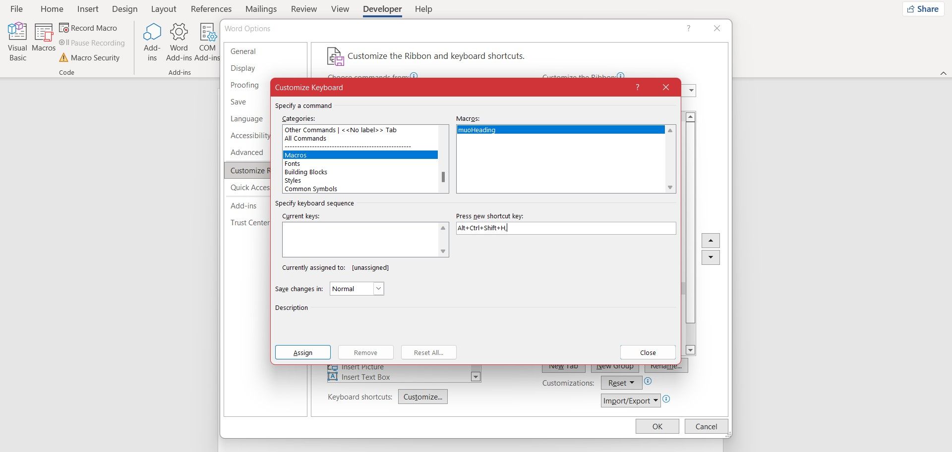 Назначение сочетания клавиш макросу