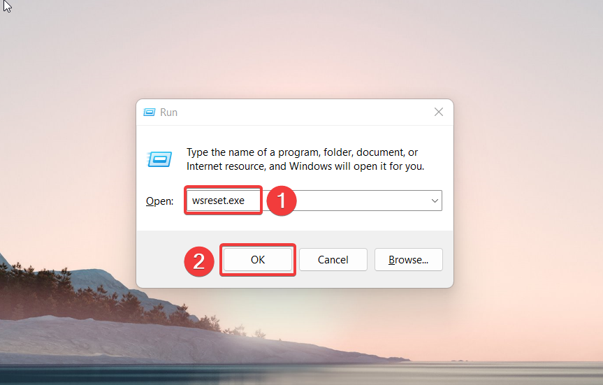 Esempio di esecuzione del comando wsreset.exe per resettare la cache di Microsoft Store
