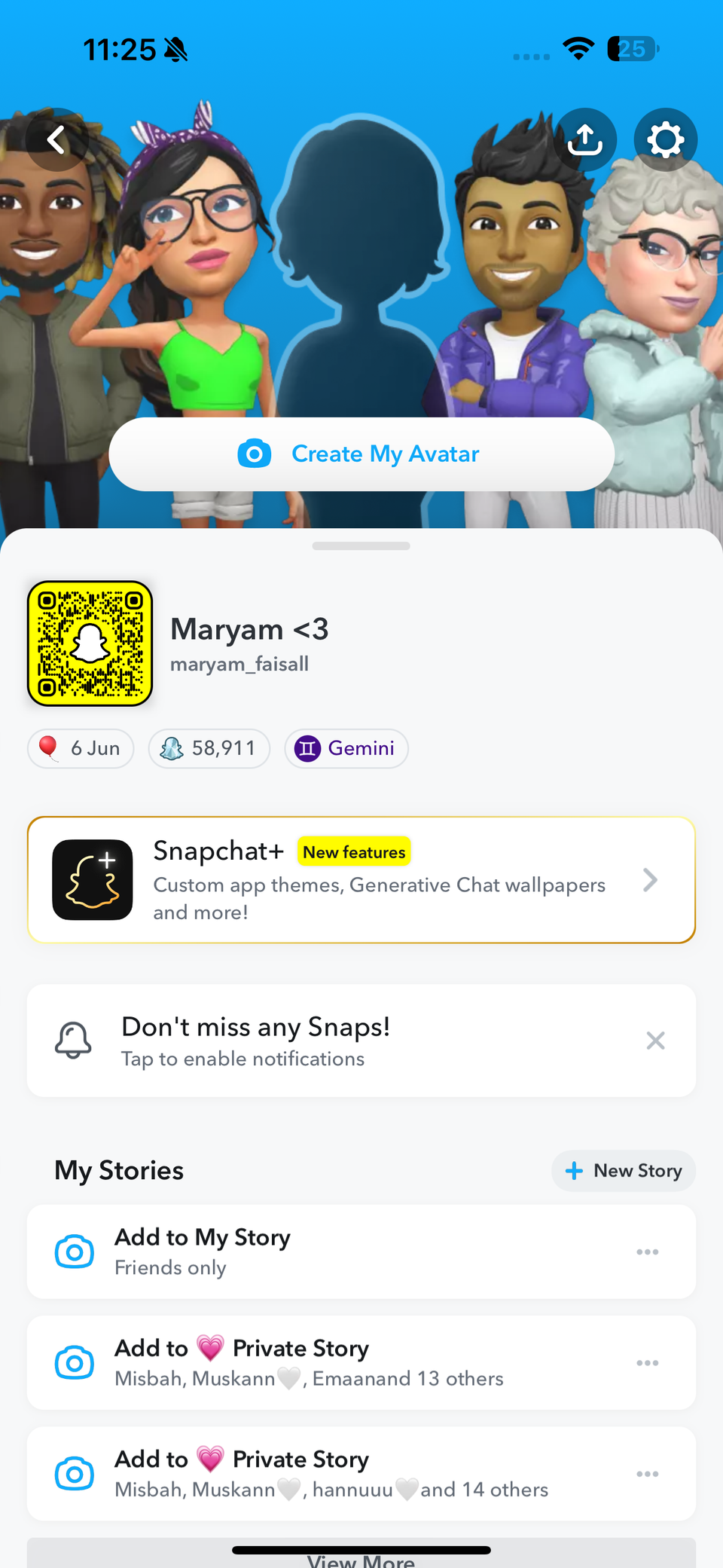 Профиль Snapchat с доступом в настройки