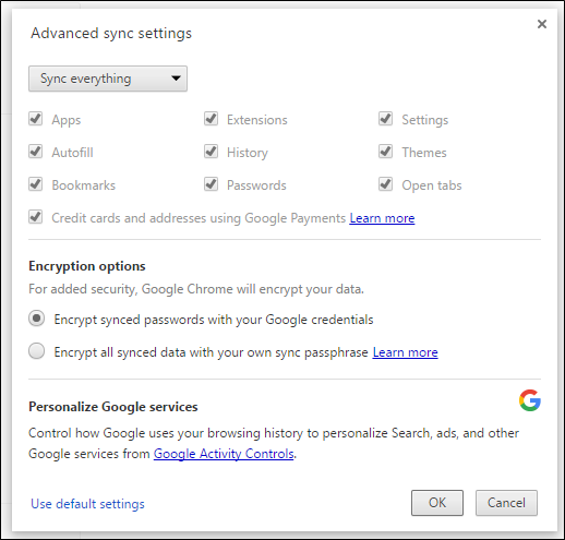 Параметры синхронизации — выберите типы данных