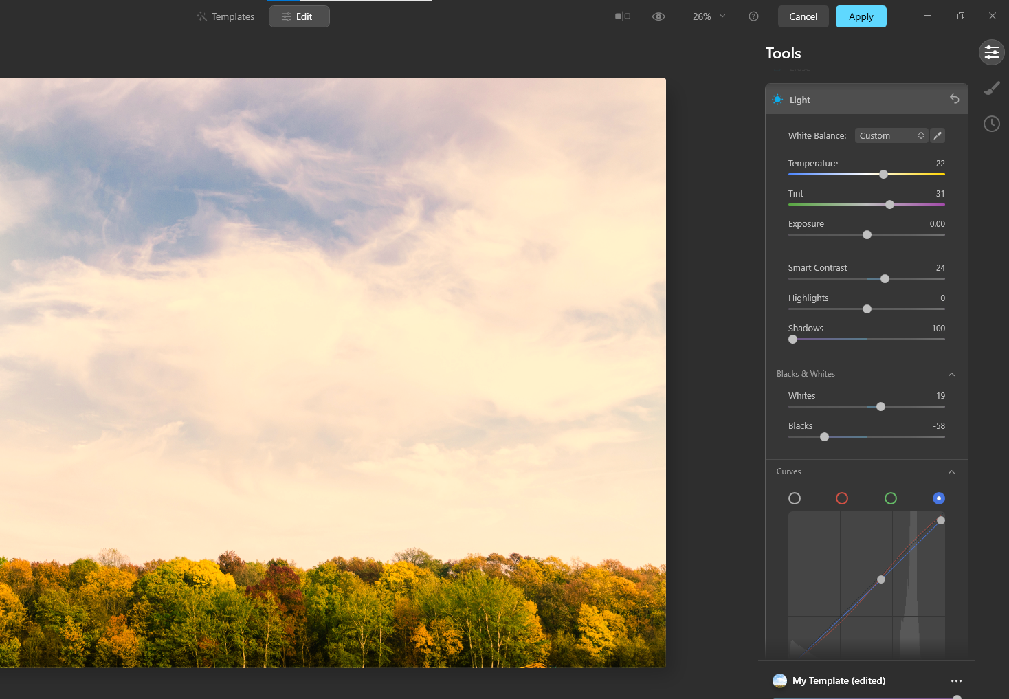 Снимок панели Light в Luminar AI с ползунками Temperature, Tint, Exposure и кривыми