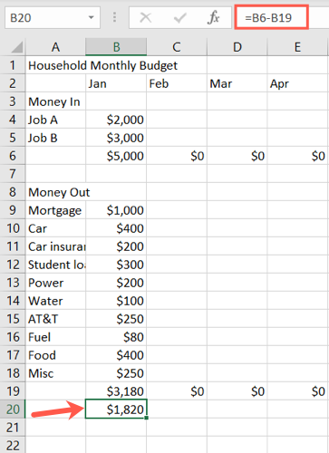 Формула вычитания для остатка средств.