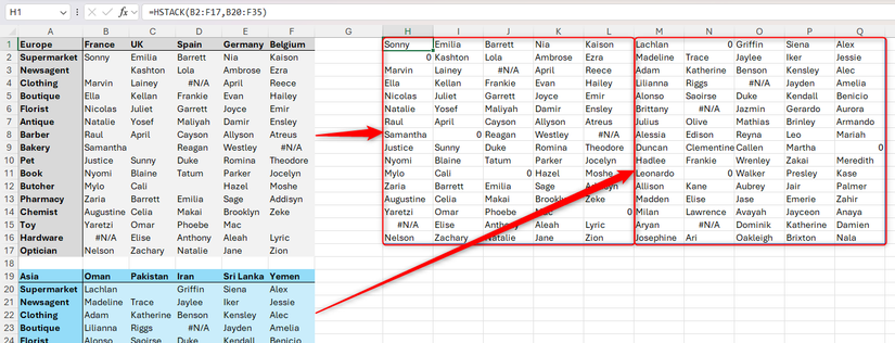 HSTACK apila nombres de responsables de Europa y Asia lado a lado.