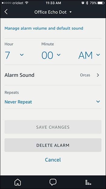 Экран редактирования отдельного будильника в приложении Alexa