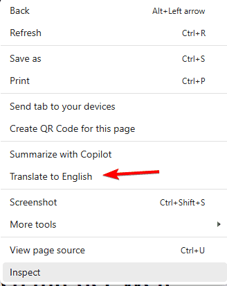 Контекстное меню с пунктом перевода страницы в Microsoft Edge