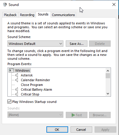 Окно Звуки в Windows 10 — вкладка Звуки