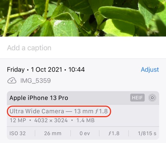 Информация о фото, снятом в макрорежиме на iPhone 13 Pro