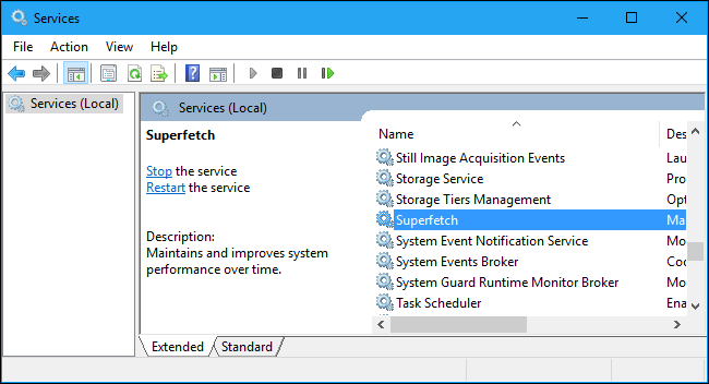 Окно свойств службы Superfetch (SysMain).
