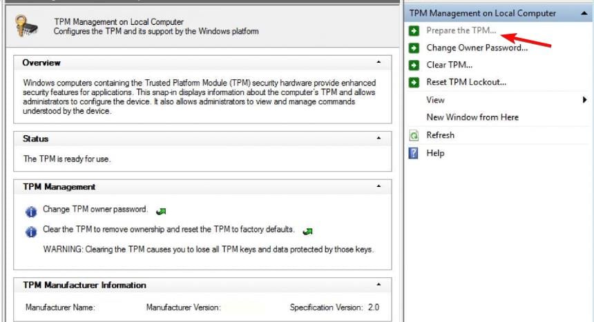 Кнопка подготовки TPM в оснастке tpm.msc