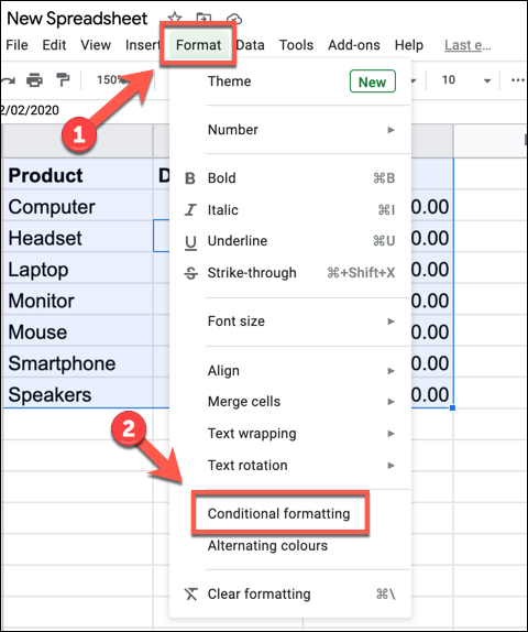 Нажмите «Формат», затем «Условное форматирование»