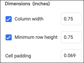 Изображение: параметры размеров столбцов и отступов ячеек с вводом значений в дюймах