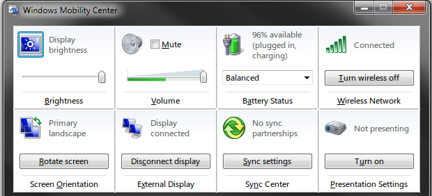 Windows Mobility Center: настройки яркости и батареи