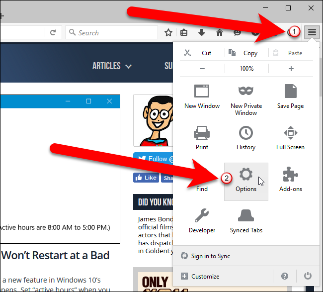 Меню Firefox с выбором Options
