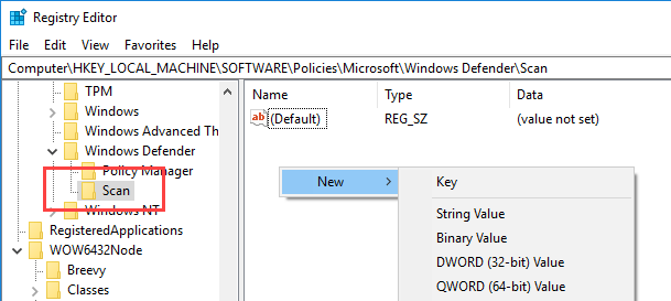 Создание нового ключа Scan в реестре под Windows Defender