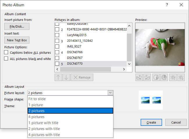 Опции макета фотоальбома в PowerPoint