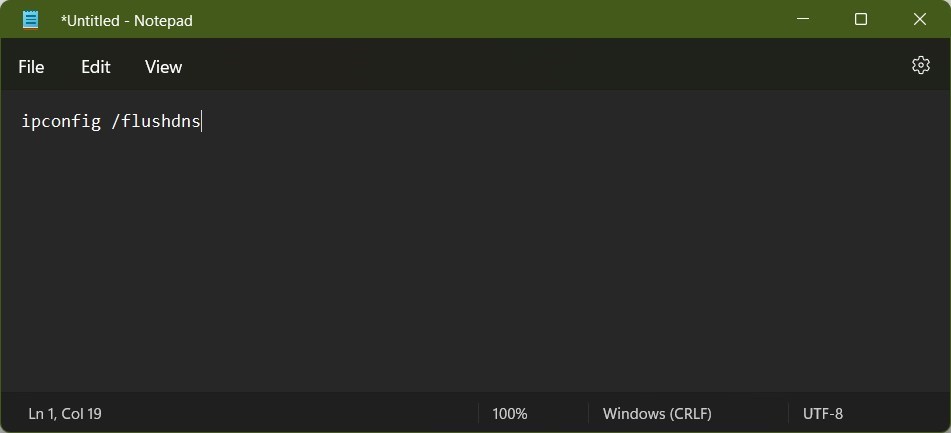 Вставка команды ipconfig /flushdns в Блокнот