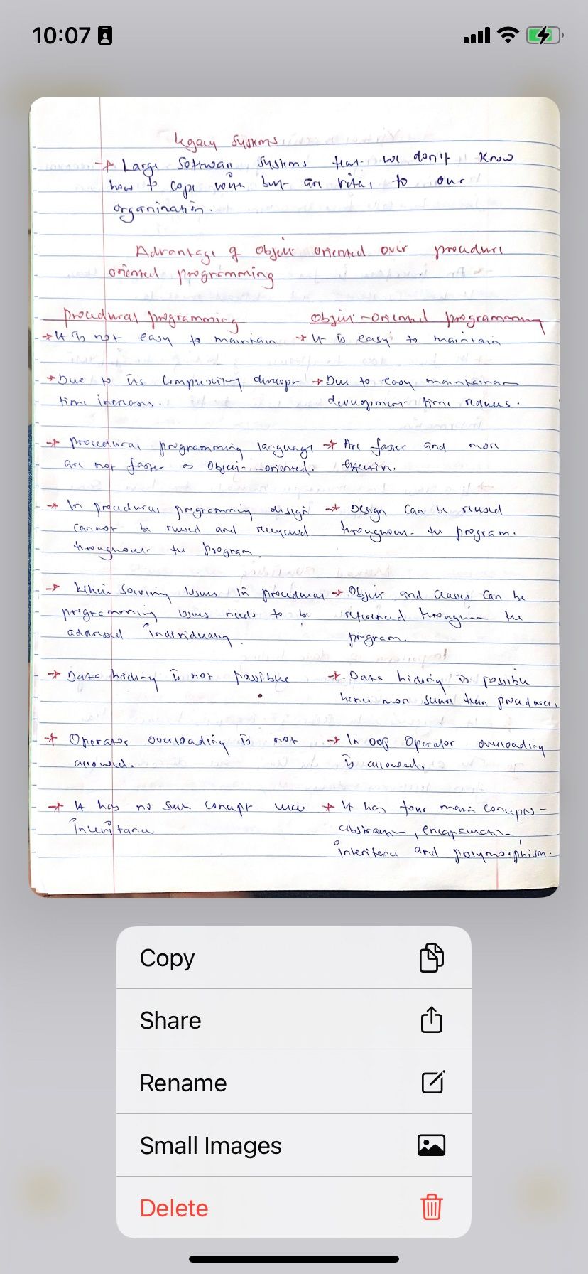 Параметры меню в Apple Notes