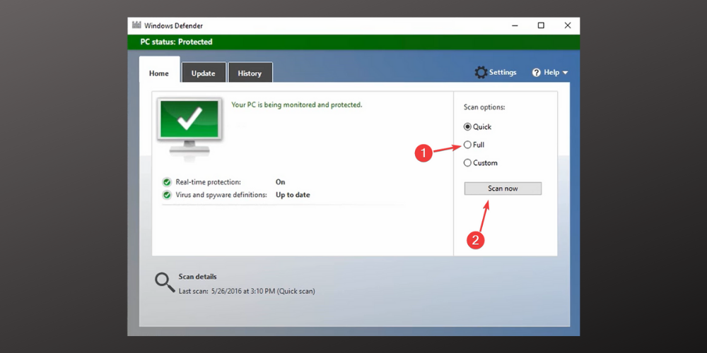 Выбор полного сканирования в Windows Defender