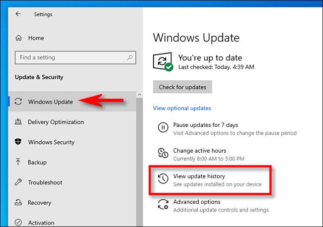 В разделе «Центр обновления Windows» нажмите «Просмотр истории обновлений».