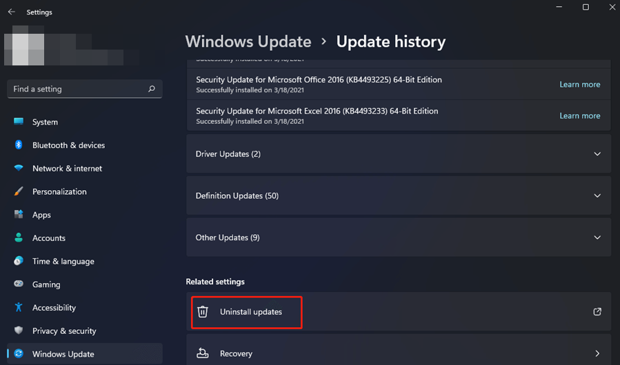 Кнопка 'Удалить обновления' в истории обновлений