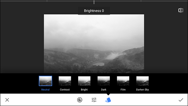 Выбор фильтра Black & White в Snapseed