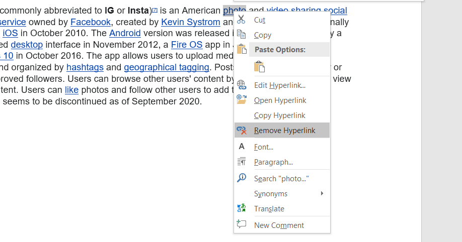 удалить гиперссылку из контекстного меню