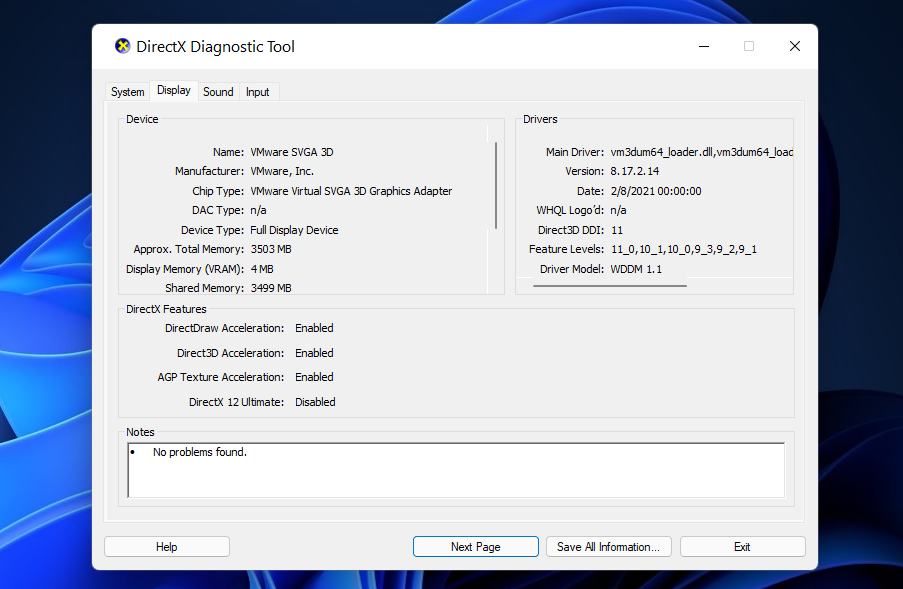 Вкладка Display в dxdiag