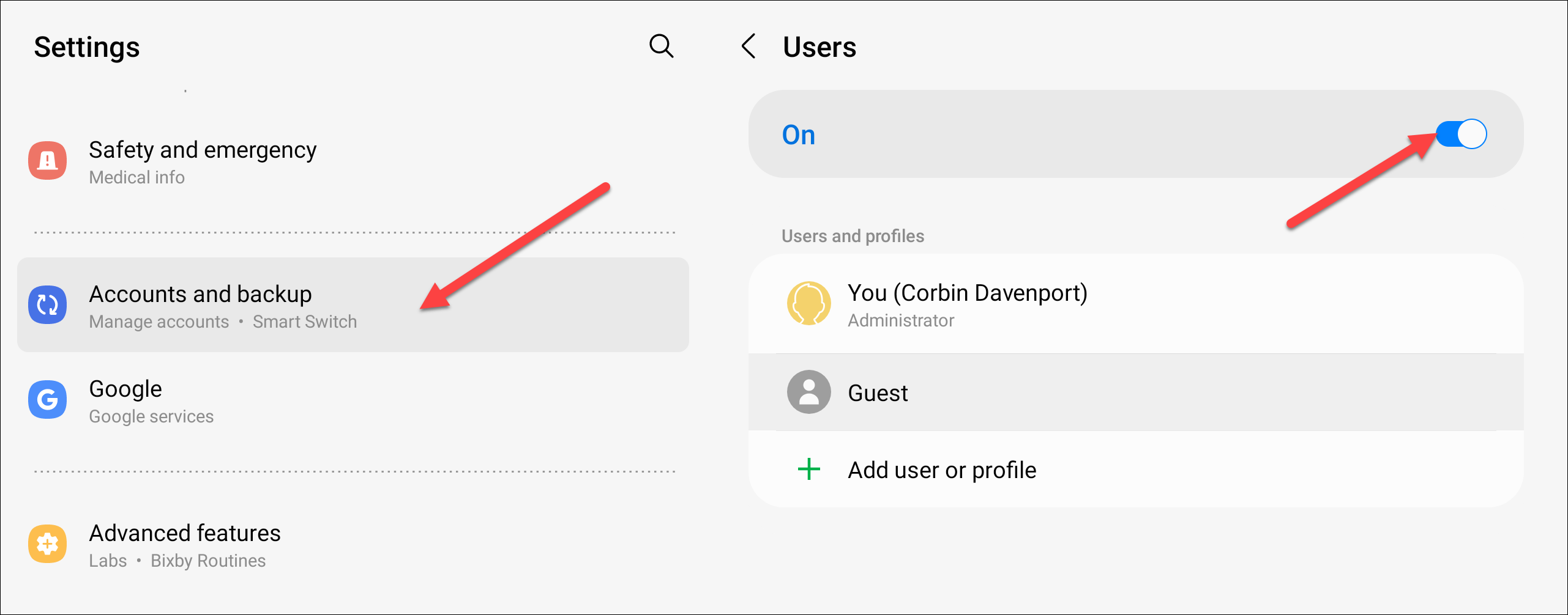 Откройте «Аккаунты и резервное копирование» и включите пользователей