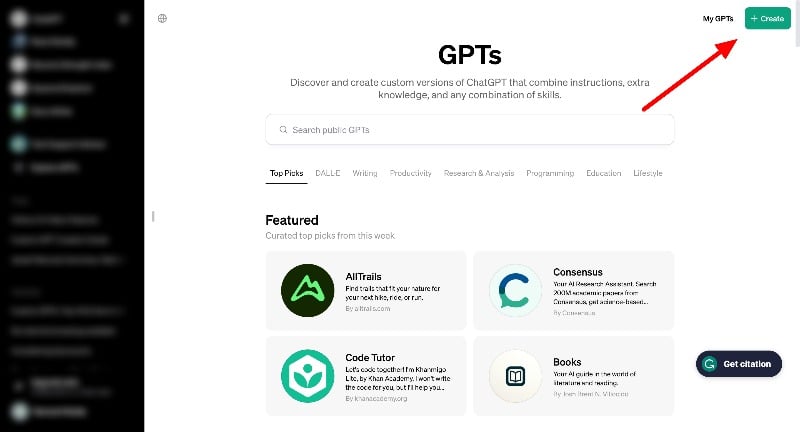 Кнопка Create a GPT в интерфейсе