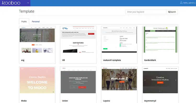 Выбор шаблона сайта Kooboo