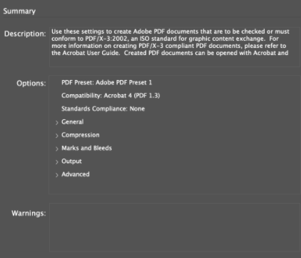 Итоговая сводка настроек пресета.