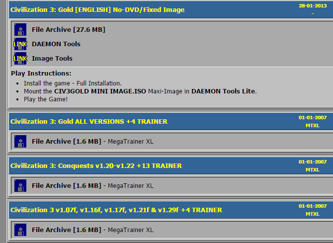 Экраны с каталогом старых игр и патчей на сайте архива