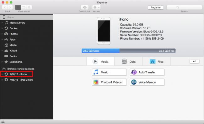 Скриншот процесса выбора резервной копии iTunes в iExplorer