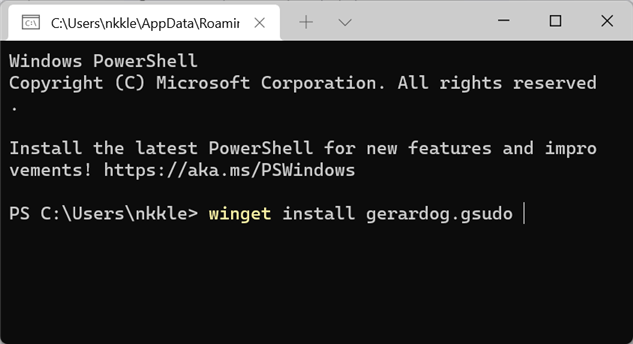 Процесс установки gsudo через winget в PowerShell.