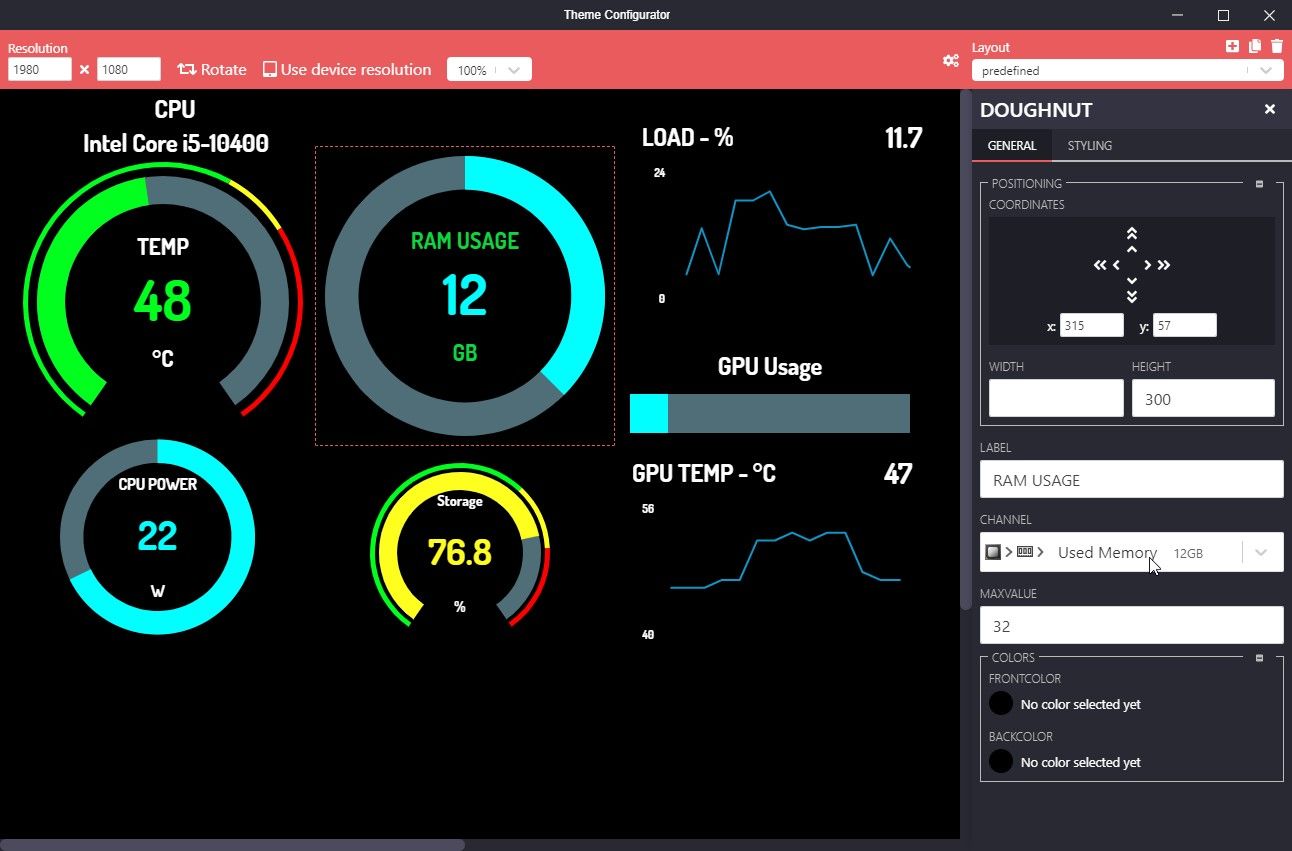 stylize the sensor widget graphs colors add more themes in raspberry pi pc status monitor