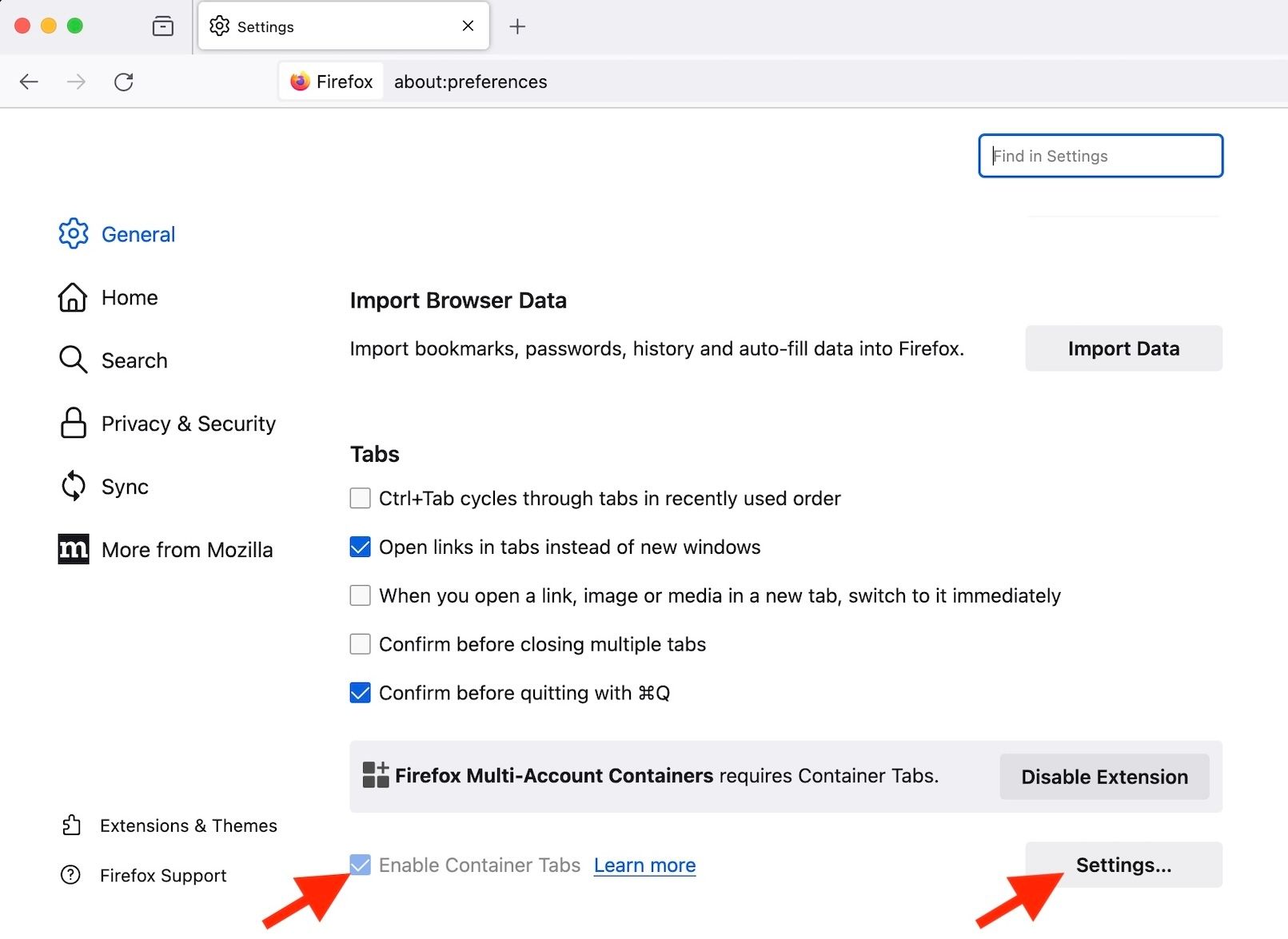 Расположение опций Multi-Account Containers в настройках
