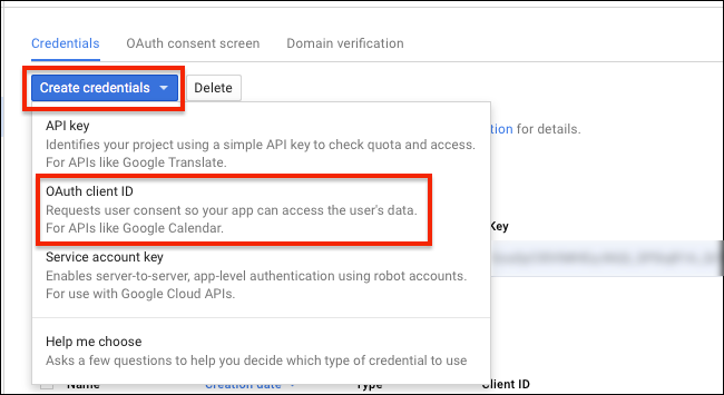 Создание OAuth client ID и выбор типа Other
