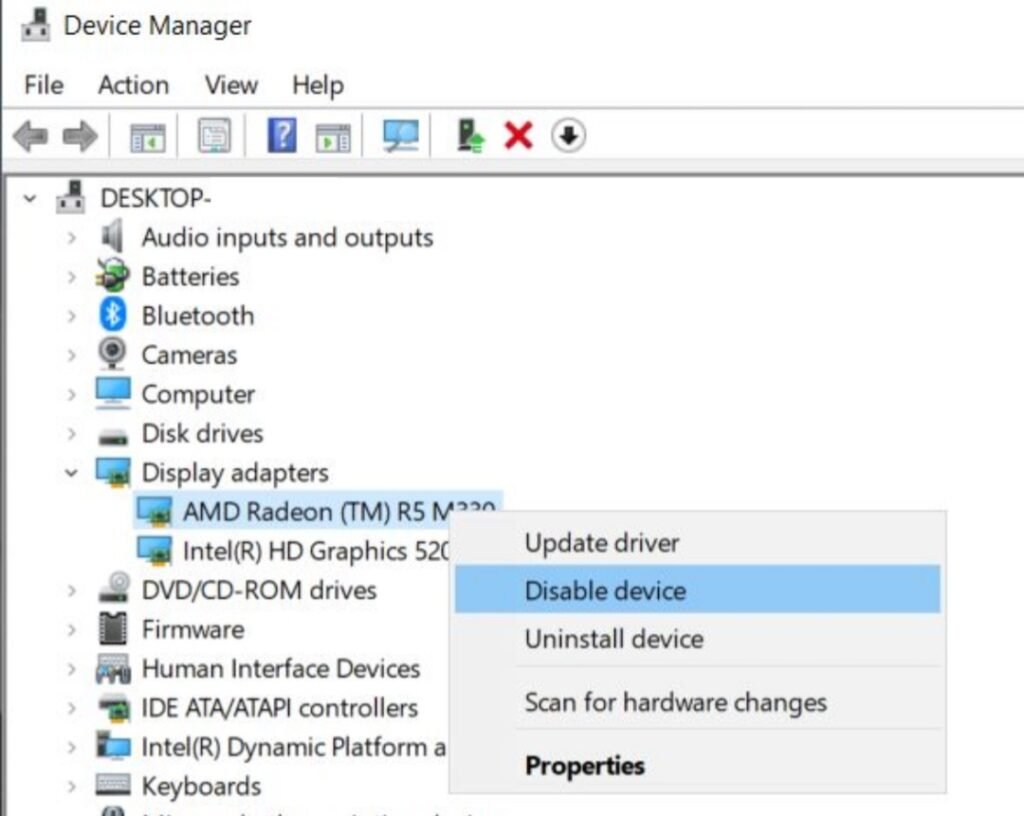 Отключение AMD GPU в Диспетчере устройств