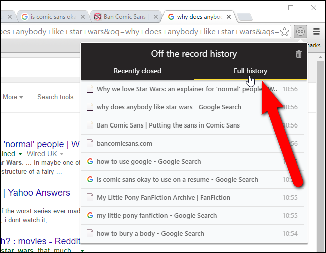 Кнопка очистки истории в расширении Off The Record History