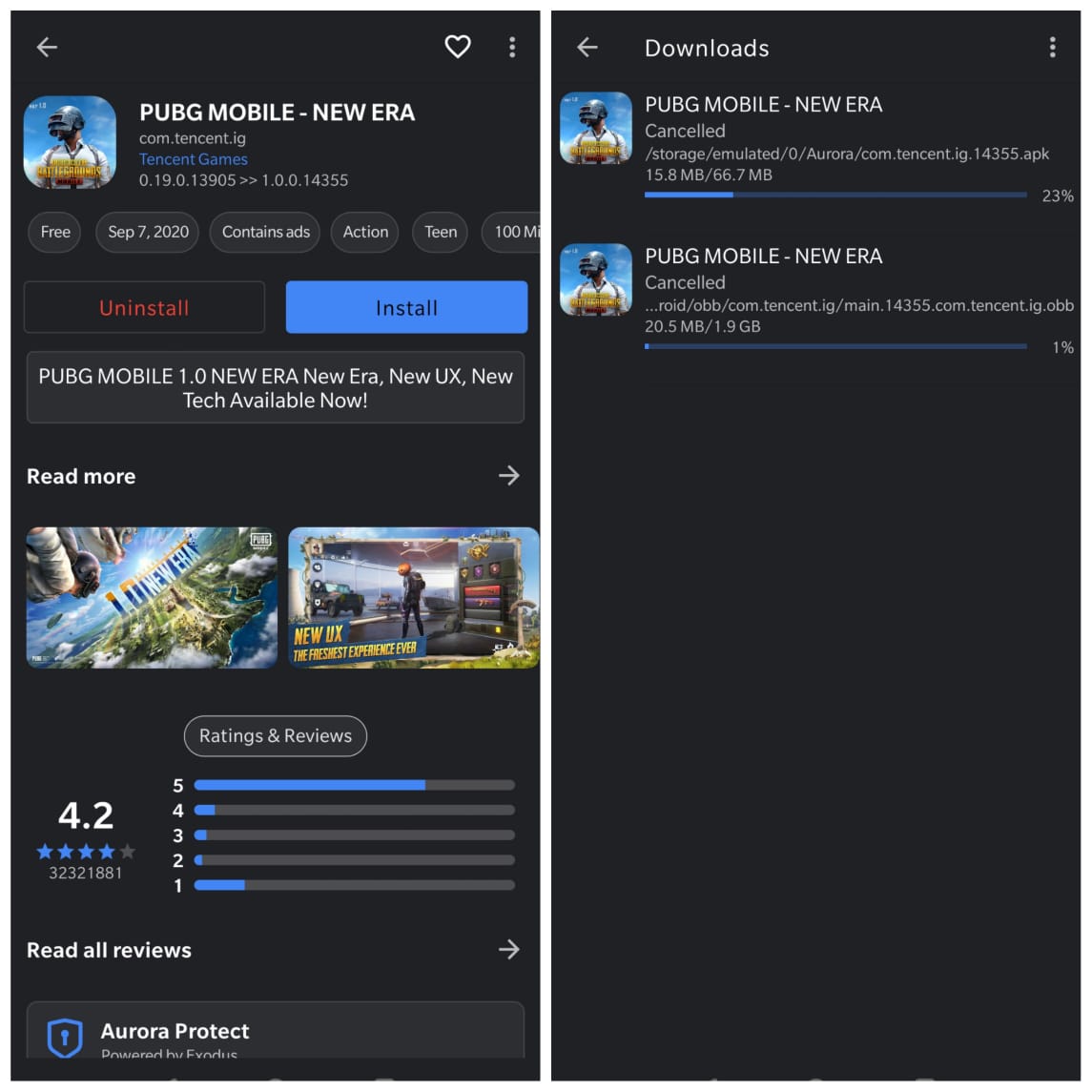 Página do PUBG Mobile na Aurora Store mostrando opção de instalar